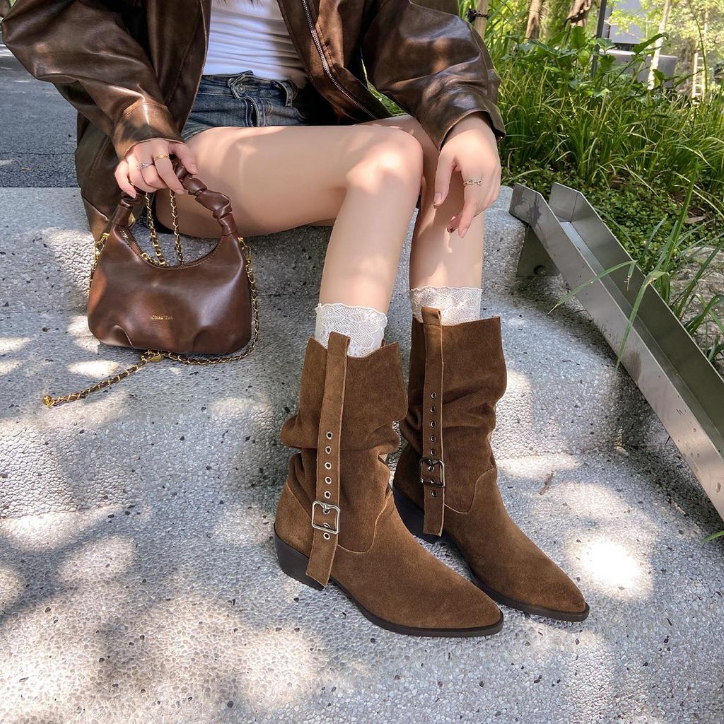 Cowhide version retro medium tube stacking boots western cowboy boots belt buckle thin boots pointed thick heel high heel short boots women