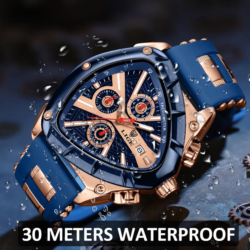 LIGE Sport Dreieck Herrenuhren Leuchtzeiger Mode Gummiarmband Militärische Unregelmäßige Quarz-Armbanduhr Wasserdichte Uhr
