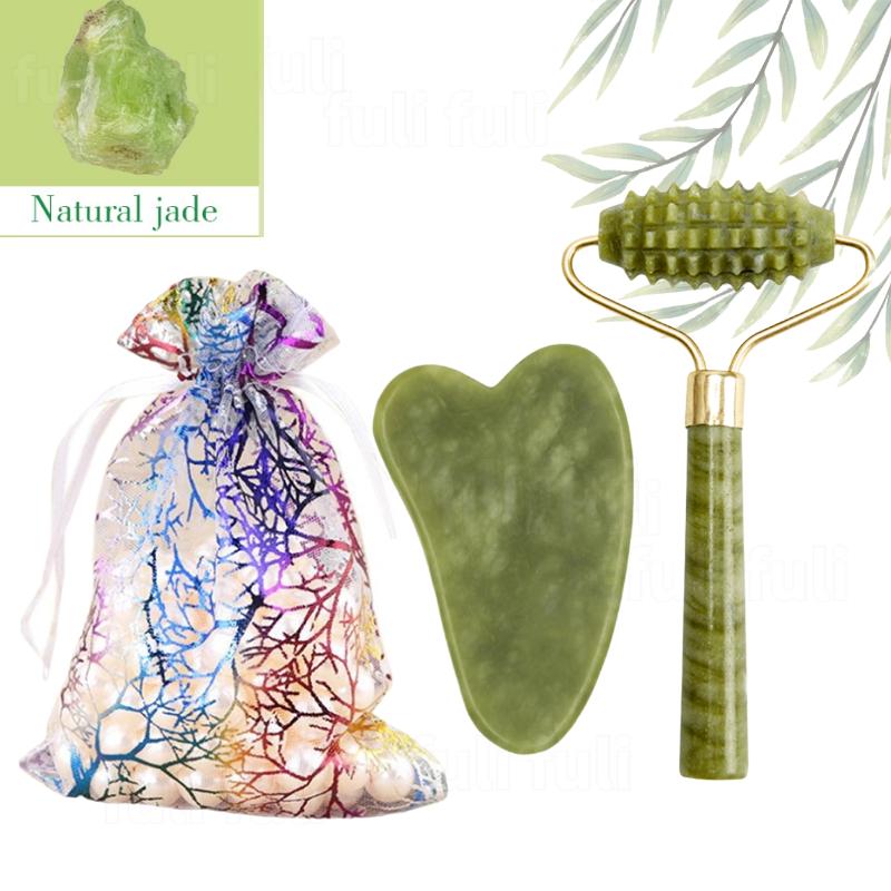2PCS 100% Rose Stone Guasha Set Facial Roller Stone Board Massager Face Slimming Body Relax Massager Acupuncture Scraper Plate