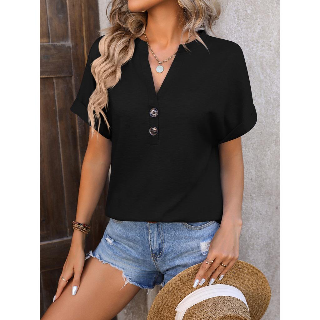 Women's Fashion V-Neck Button T-Shirt Colour Loose Short Sleeve Top