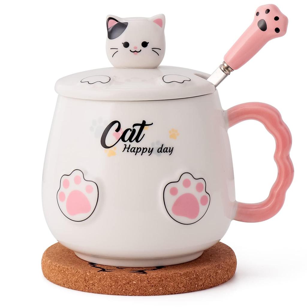 Ceramic Cat Mug with Lid and Spoon, Coffee Cup/mug, Cute Cat Birthday Gift (white)