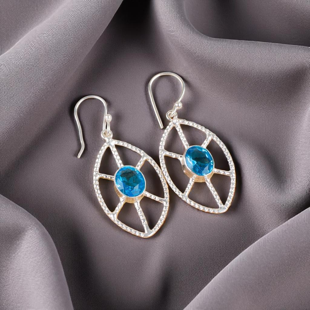 Swiss Blue Topaz Gemstone 925 Sterling Silver Jewelry Handcrafted Earrings 2.00" EE-48-4
