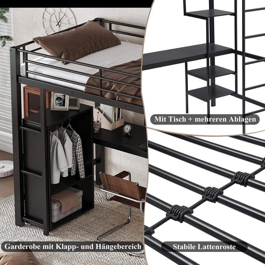 Cama de hierro, litera, adecuada para niños y adolescentes, mesa y armario, compartimentos de almacenamiento, escalera de 5 peldaños, hierro+tablero de partículas, negro, 90x200cm