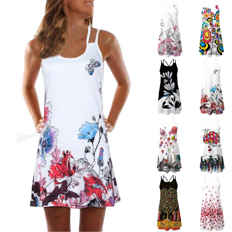Elegant Women Summer Vintage Beach Sleeveless 3d Floral Print Boho Tank Dress