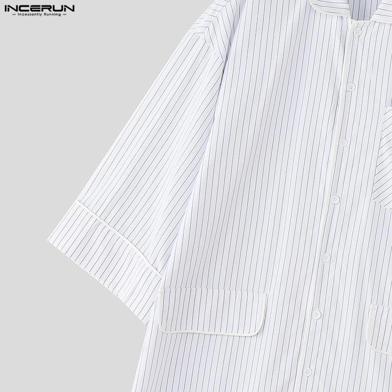 INCERUN Men Spring Lapel Neck 3/4 Sleeve Striped Shirts Casual Oversized Tops