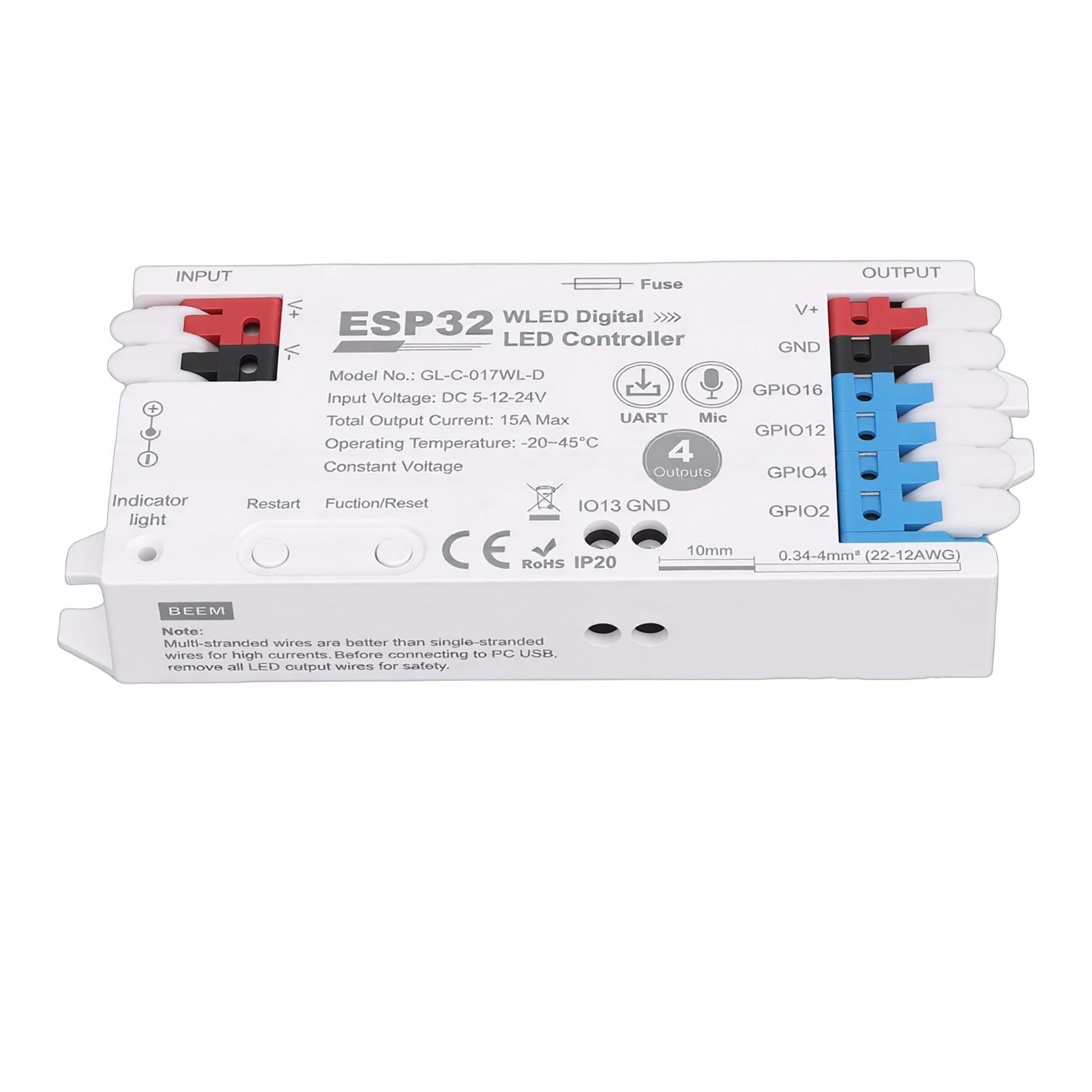 

Digital LED Strip Controller with Mic 15A Fuse Type C UART Download Port Connect Up to 800 Light Beads 4 Channel Output