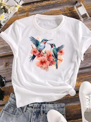 (Asian Size) Women Lovely Watercolor Cute Tee Clothing Casual Printing Top Graphic T-shirts Short Sleeve T Shirt Fashion Printed Lady Female