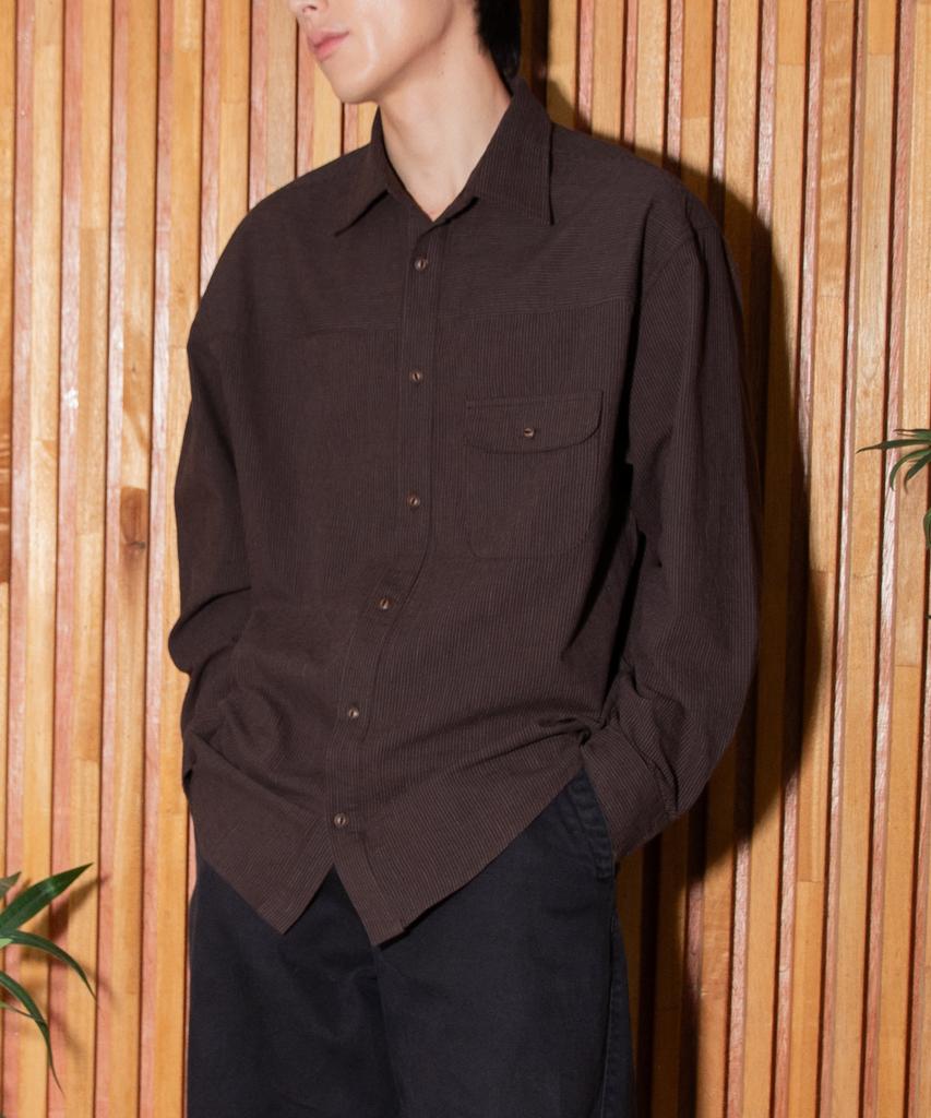 OUTSIDE FROG Single Pocket Striped Shirt (Dark Brown)