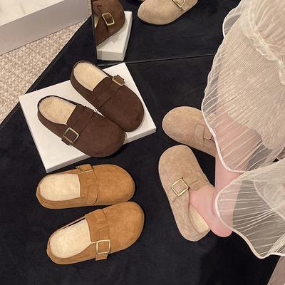 One Pedal Retro Ugly and Cute Soft-soled Velvet Boken Shoes To Wear Outside 2025 Autumn and Winter New Velvet Warm Bag Head Slippers