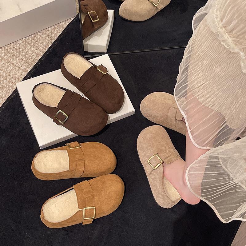 One Pedal Retro Ugly and Cute Soft-soled Velvet Boken Shoes To Wear Outside 2025 Autumn and Winter New Velvet Warm Bag Head Slippers