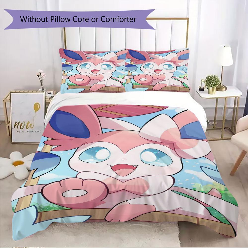 Pink Sylveon Design 3 Piece Bedding Set Cute Pokemon Theme Duvet Cover Pillowcases For Kids Girls Room