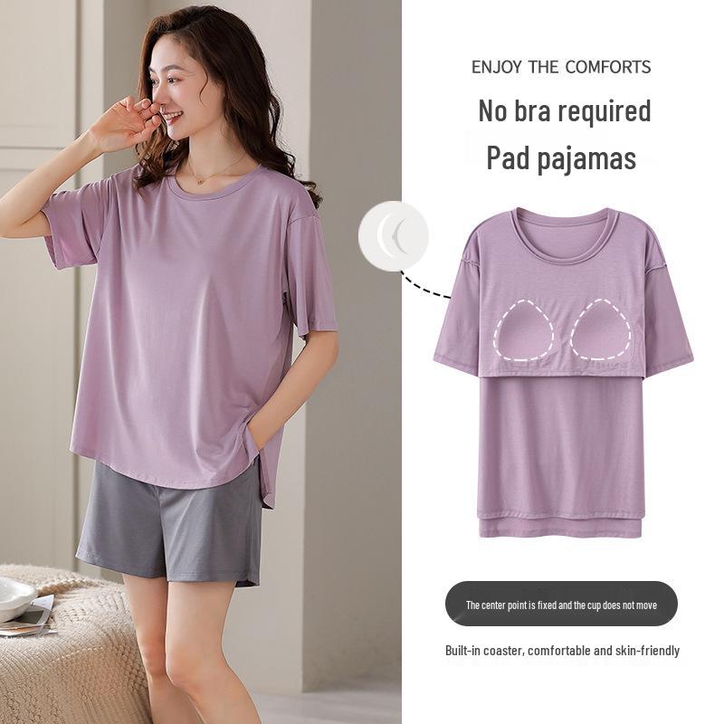Women's Summer Modal Pajama Set with Chest Pad - Short Sleeve and Shorts, Cool Rayon, Anti-Bump, Suitable for Outdoor Wear