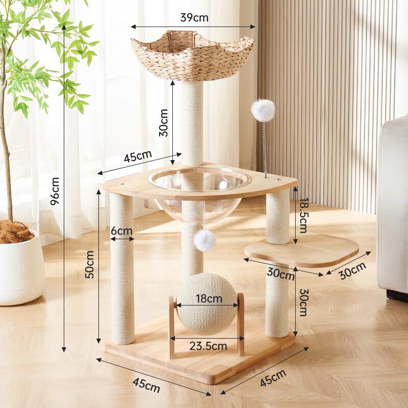 Space-Saving Solid Wood Cat Tree with Cozy Bed and Scratching Post