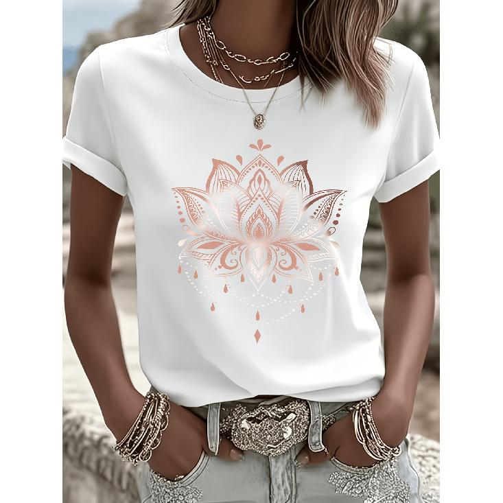 New Mandala Rose Gold Lotus Print Round Neck Short Sleeve T Women s T shirt Suitable for casual outings in spring and summer Niche artistic S белый