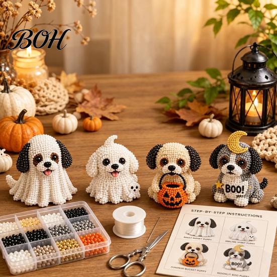 Creative Hobby Sets Halloween Dog Bead Art Set, DIY 4 Beaded Puppy Figurines, 3D Craft Kit for Kids Adults Teens, Holiday Decoration Handmade