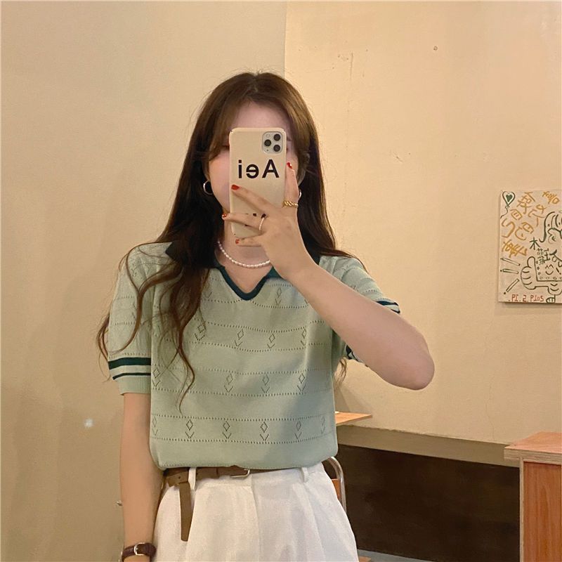 

Летняя корейская версия контрастного цвета темперамент воротник поло облегающий повседневный универсальный вязаный свитер топ для студенток тренд L