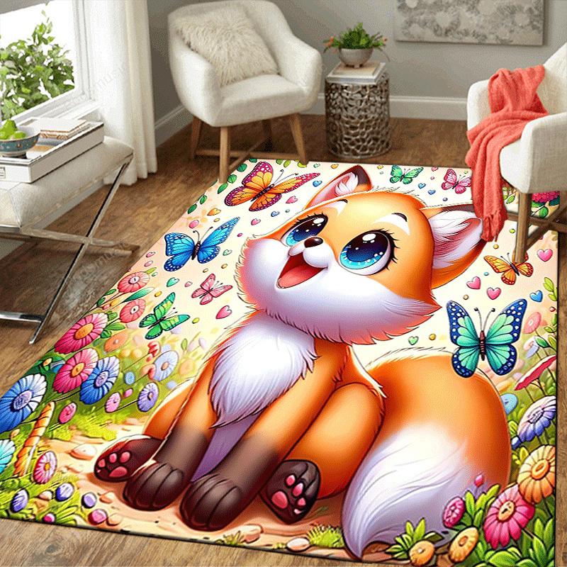 1pc Cute fox and butterfly Print, Design Indoor Area Rug - Soft, Anti-Slip, and Durable Gaming Room Decor for Bedroom