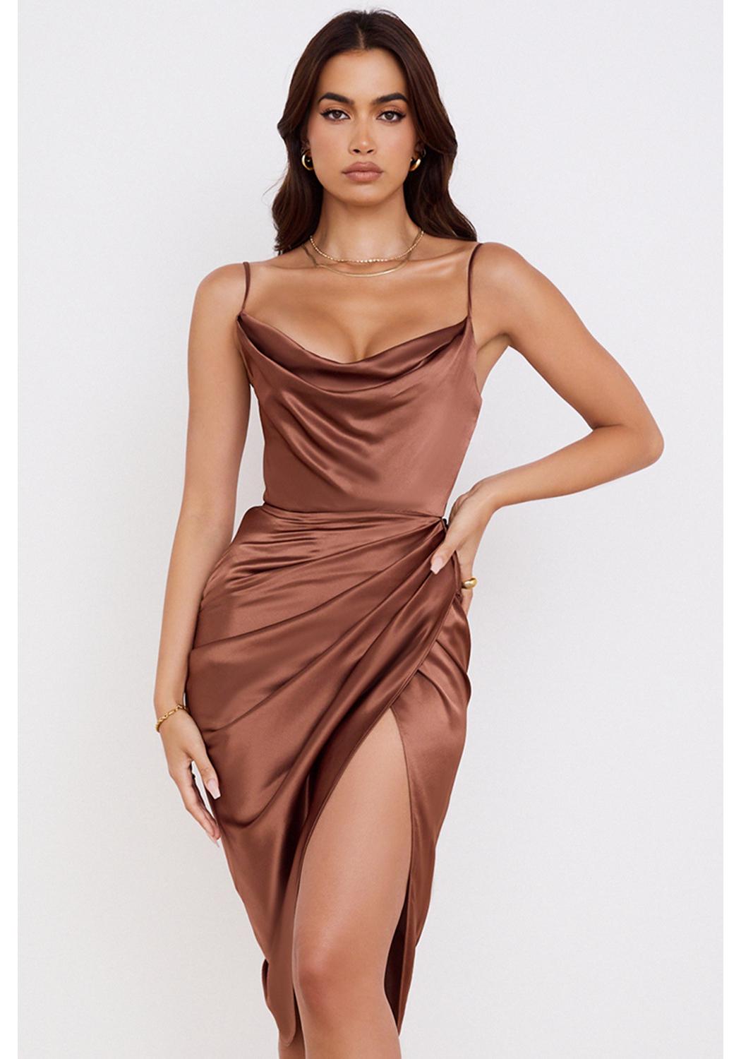 Elegant Satin V-Neck Ruched Mid-Waist Spaghetti Strap Dress Large мальвовый