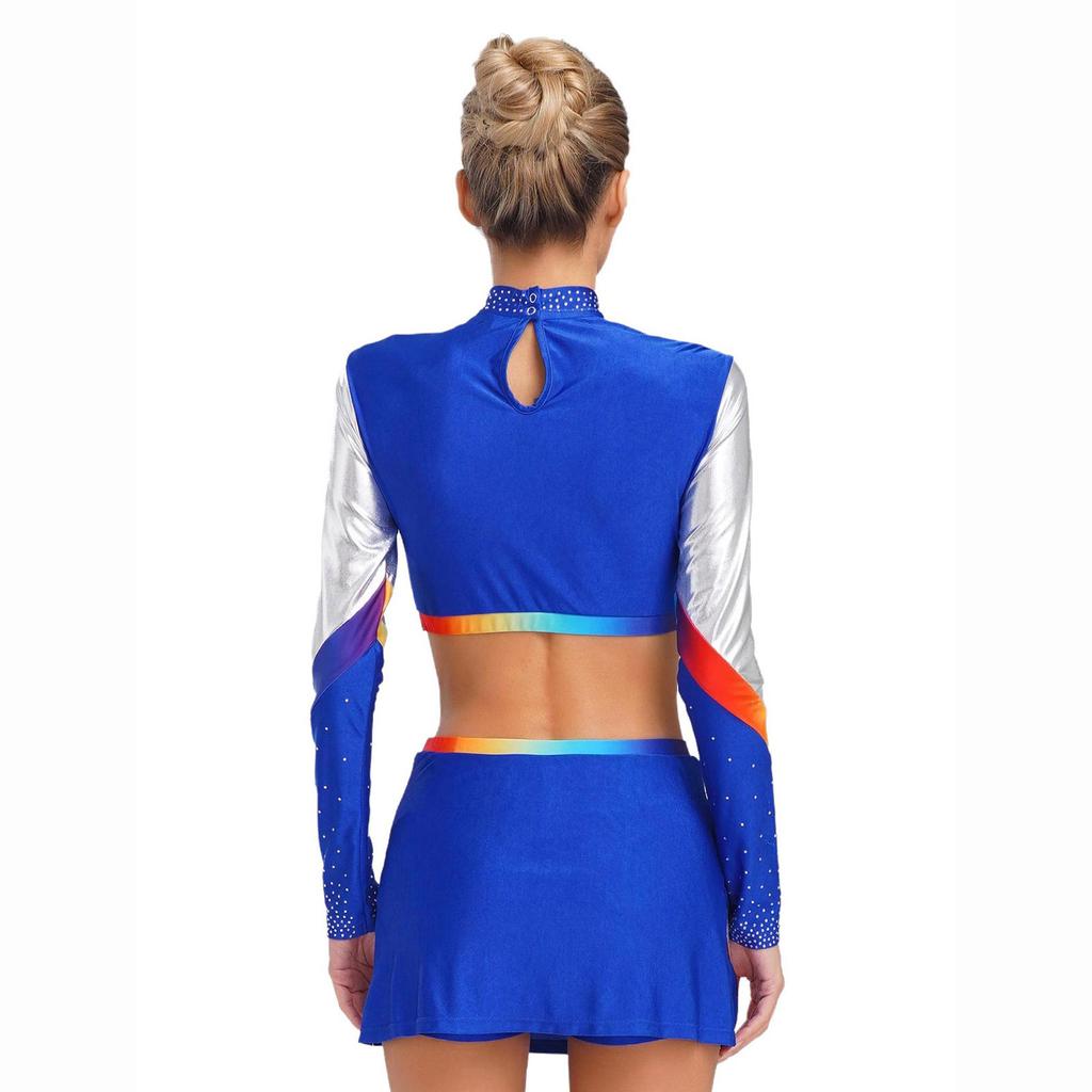 Dámská roztleskávačská uniforma Dvoudílný set Crop top s dlouhým rukávem a kříženými ramínky Taneční sukně Kamínkový výkonnostní outfit