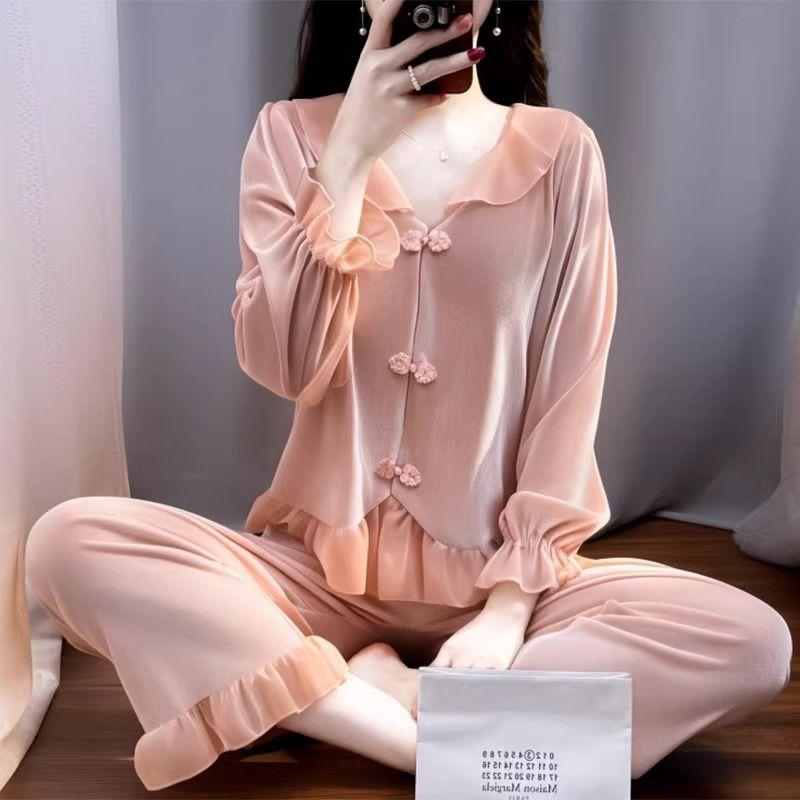 

Женский комплект одежды для дома и отдыха на весну и осень с кружевом и оборками розового цвета, новый стиль, французская сладкая бархатная пижама M розовый