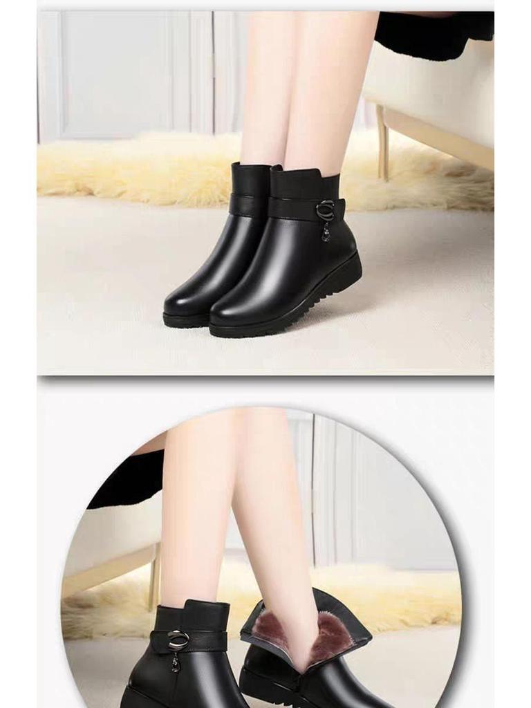 Women's Winter Plush Leather Ankle Boots - Soft Sole, Non-Slip, Ideal for Middle-Aged and Elderly.