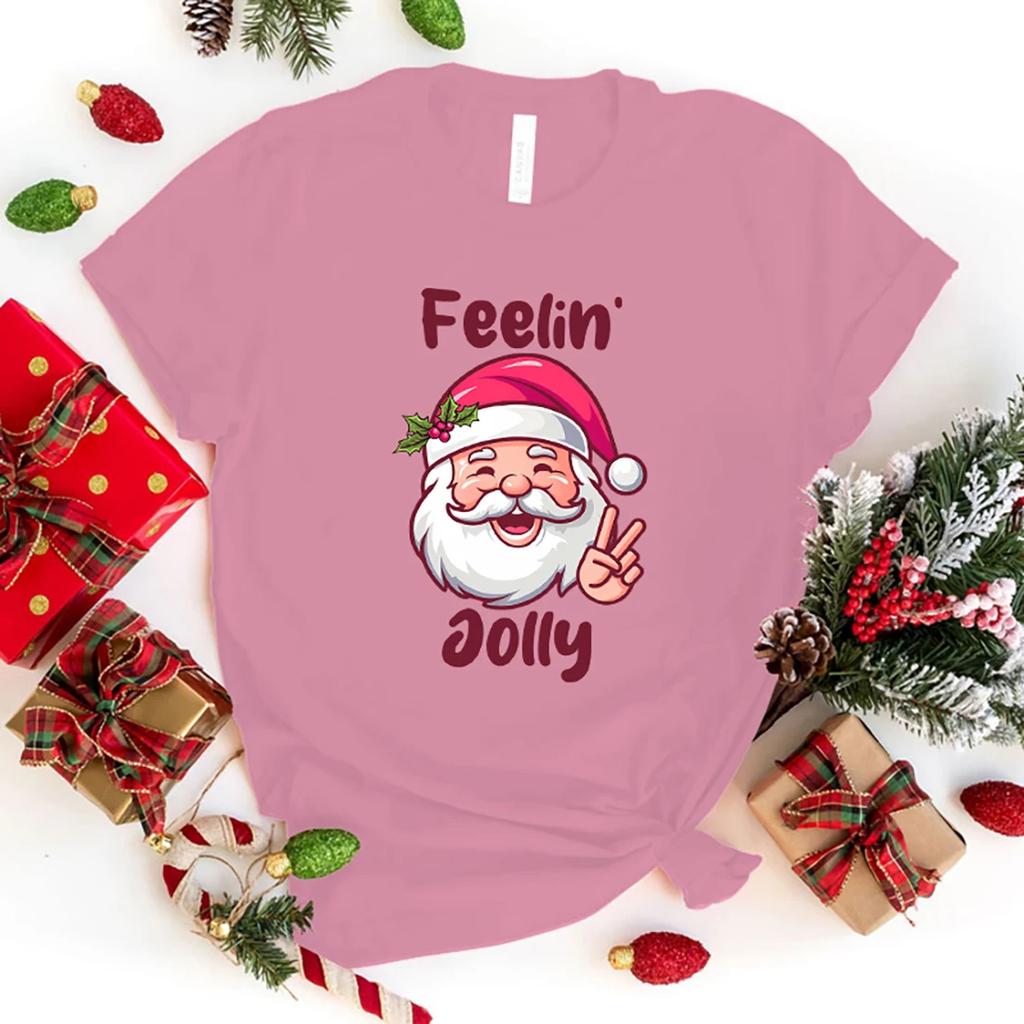 Unisex Short Sleeve Christmas Feelin Jolly Santa Claus Print T Shirts Women Causal Harajuku Tops Funny T Shirt