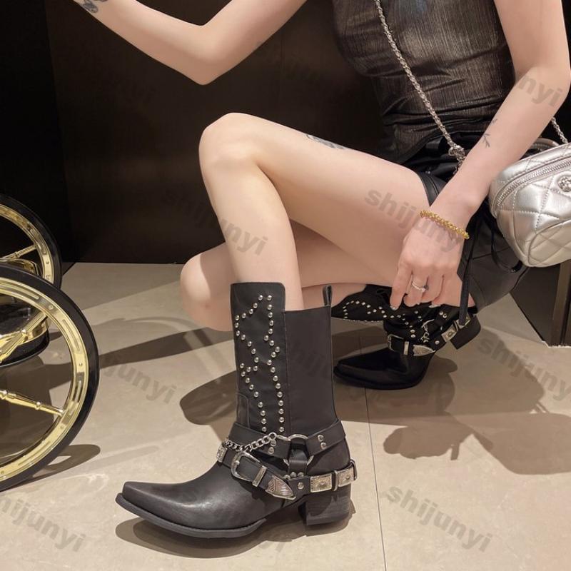 Fashion Women Chunky Mid-heel Boots Ladies Autumn Buckle Women Platform Knee High Boots Punk Street Fashion Rivet Western Cowboy Boots