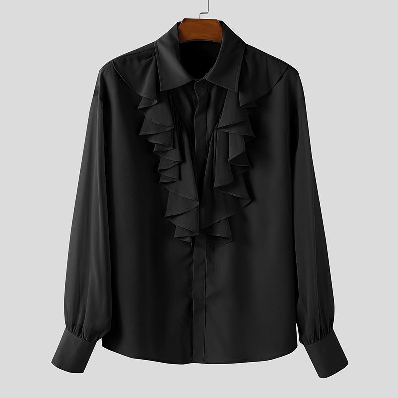 INCERUN Oversized Elegant Men Multi-layered Neck Long Sleeve Ruffled Casual Loose Shirts