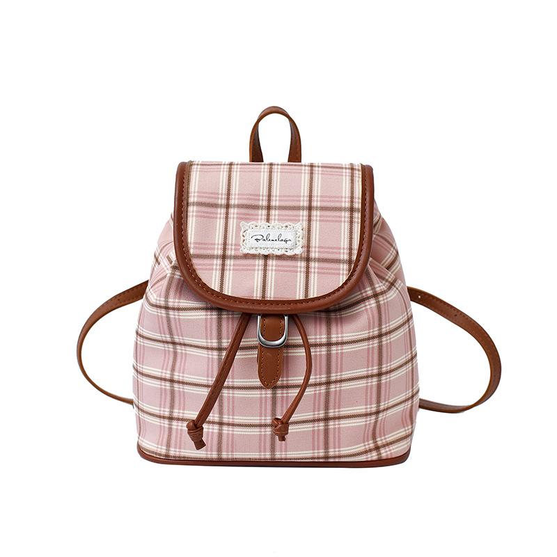 Plaid canvas backpack female casual versatile student class schoolbag bucket bag high value lightweight travel backpack розовый 3260₽