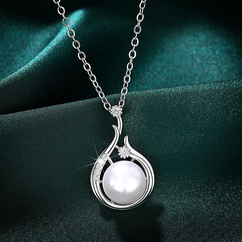 Silver Plated Teardrop Pearl & CZ Jewelry Set, Elegant Drop Earrings & Pendant Necklace Set for Women