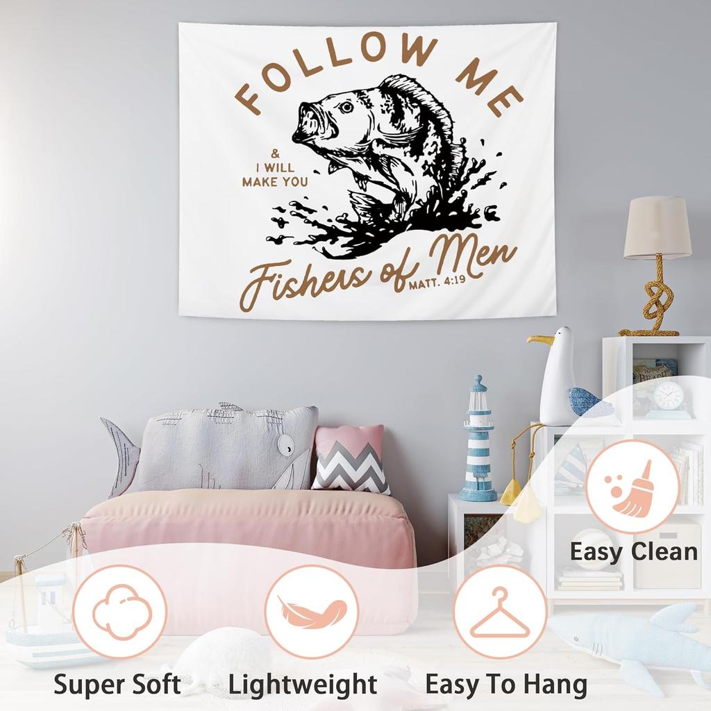 NATSUNO Vintage Christian Tapestry, Retro Bible Verse Fish Wall Tapestry for Home, Religious Scripture Fishers of Men Tapestries Wall Hanging for
