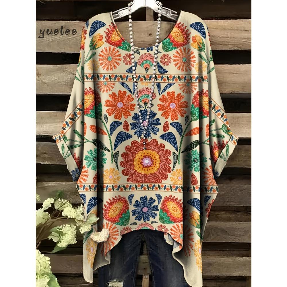 

Женская футболка с красочным цветочным принтом, топ с круглым вырезом, неровный подол, женская футболка с коротким рукавом, большого размера, для улицы, повседневная, женская одежда 5XL