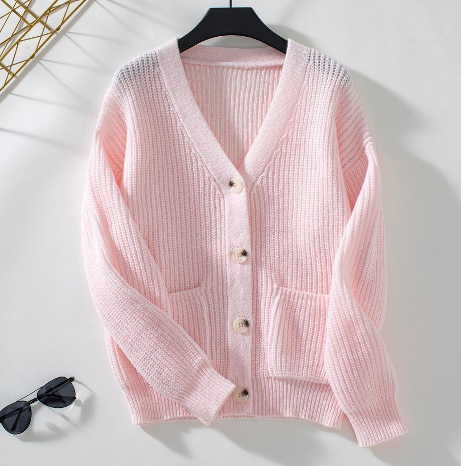 Knitted Sweater Loose Casual Solid Color V-Neck Single Breasted Knitted Sweater for Women 2026 Spring Autumn Cardigan S