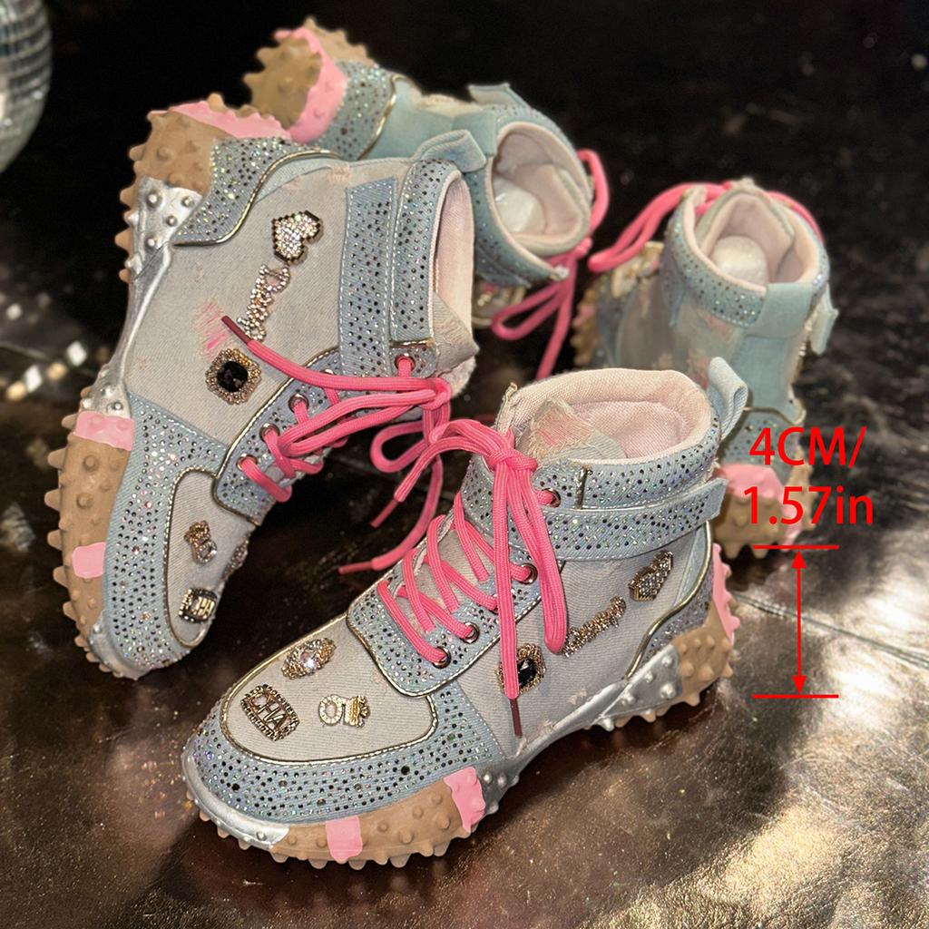 Women Casual Sneakers Luxury Designer Boots Rhinestone Diamond High-Top Thick Bottom Shoes Female Tennis Outdoors Walking Shoes