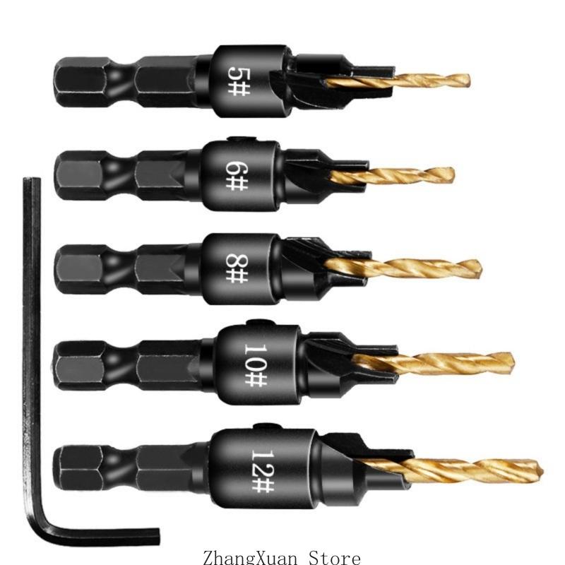 3XUF Multi Purpose 5 Piece Drill Bit Shank Design for Smooth Boring and Clean Edges Chamfering In Carpentry Work
