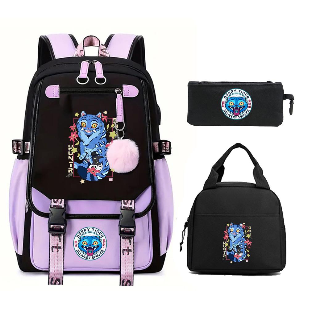 Animation Cartoon Printing Student Schoolbag Three-Piece Set Campus Trend Men And Women Versatile Casual Backpack Large Capacity