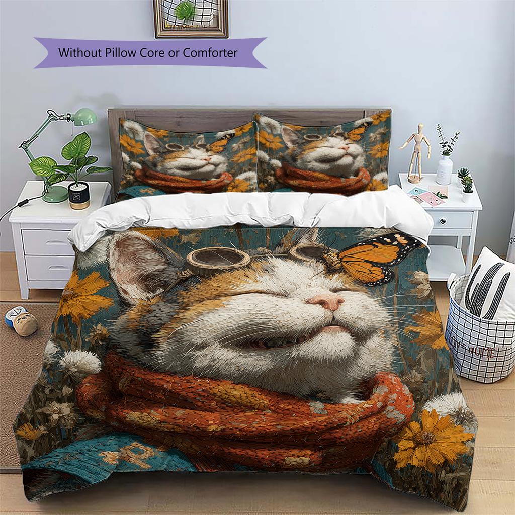 Tabby Cat Pattern Bedding Quilt Set Quilt Cover Pillowcase Home Decoration Gift (1 * Duvet Cover + 2 * Pillowcase, Without Core)