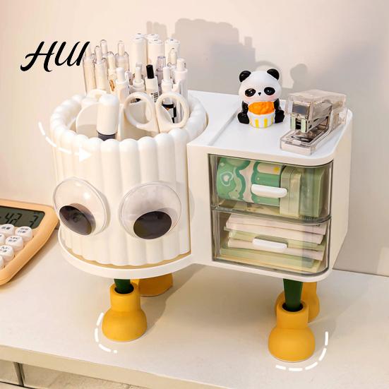 Children Stationery Organizer Cute Rotating Pen Holder with Drawer 2-in-1 Large Capacity Desktop Sorter for Kids Girls Multifunctional Storage