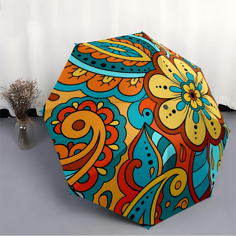 1pc Floral Mandala Design Automatic Open/Close Umbrella, Umbrella with Cartoon Design, Portable Compact Umbrella for Men & Women, Good Holid