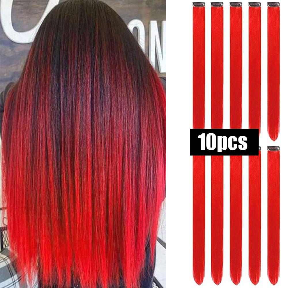 10 Stuks Gekleurde Synthetische Haarverlengingen Kleurrijke Clip-in Haar 22 inch Synthetische Rechte Haarverlengingen voor Kinderen Meisjes Vrouwen black