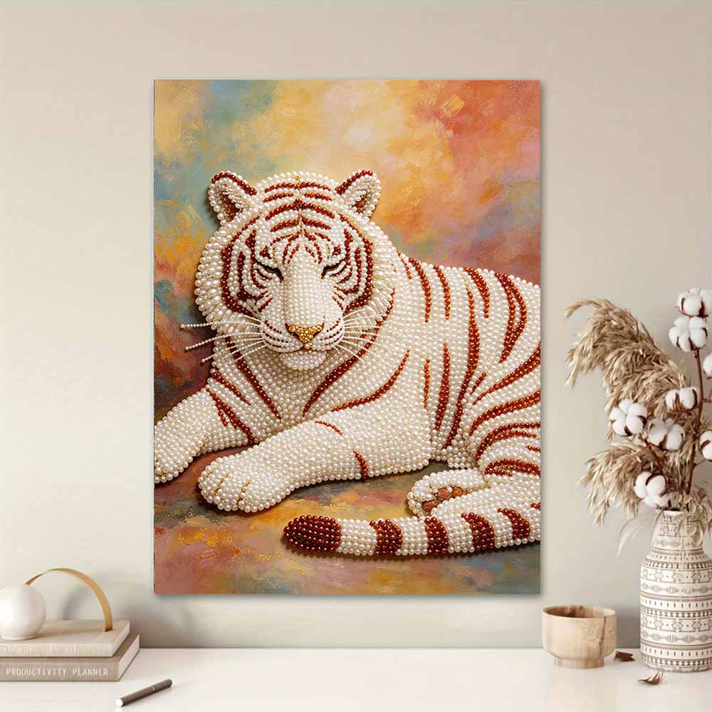 White Tiger Pearl Kit 5D DIY Round Rhinestone Art for Adults Relaxing Handmade Wall Decor National Day Gift Frameless
