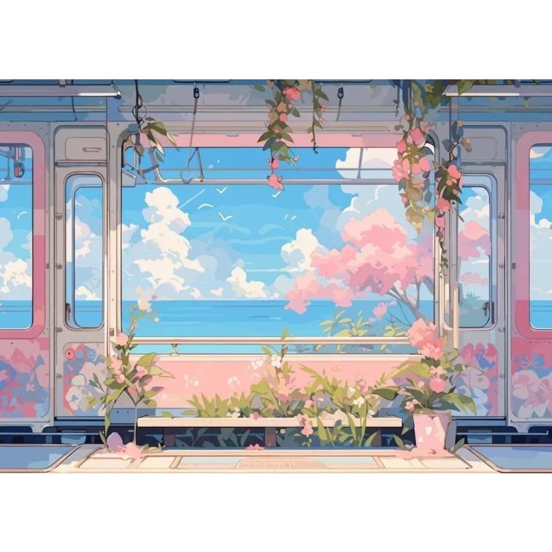 Aestheticism Anime Scenes Posters Sakura Tram Train Ocean View Prints Canvas Printing Wall Landscape Art Picture for Home Decor