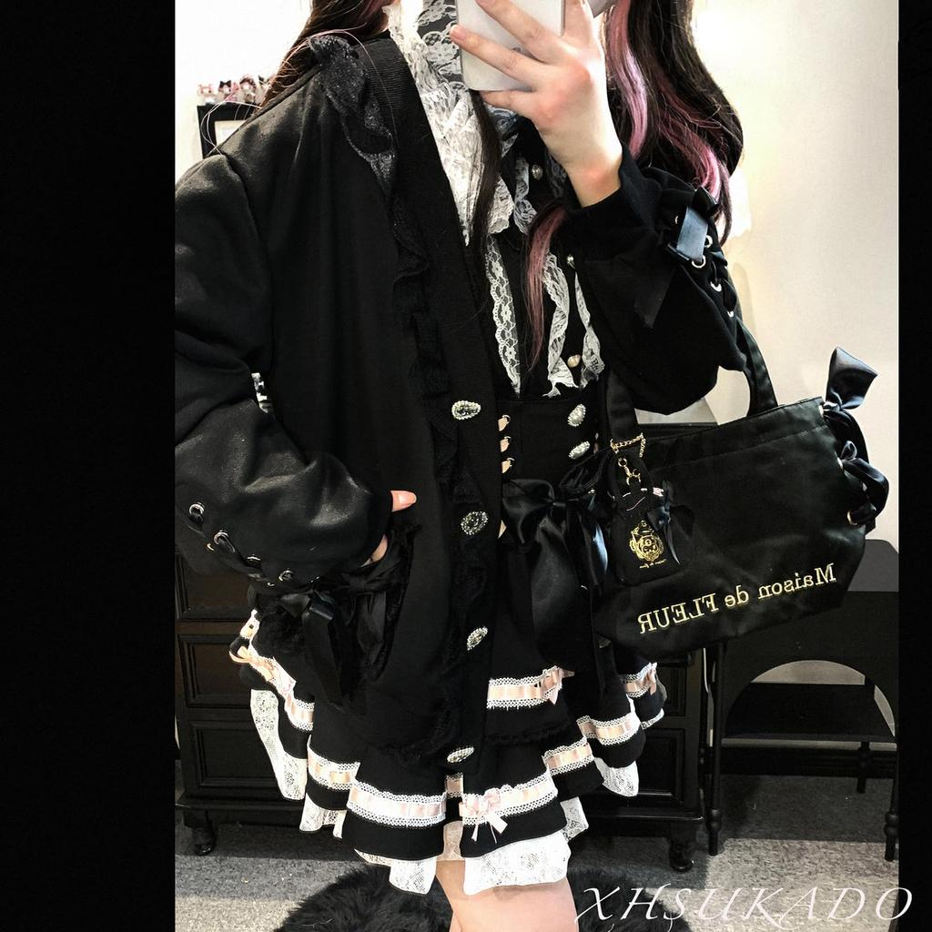 XHSUKADO Long Loose Student Knit Black Women's Lace-Up Cardigan, Sleeve, Cute, Mass-Produced, Ribbon, Ruffle, Lace, Pockets, V-Neck, Fit, Top,