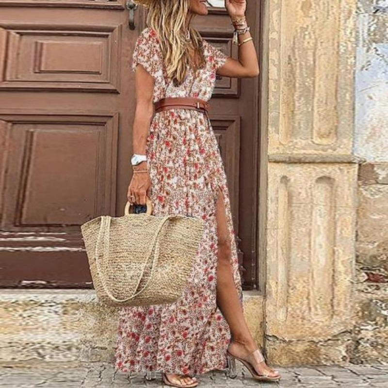Boho Dámské dlouhé šaty s výstřihem do V s krátkým rukávem Paisley s potiskem s velkým lemem