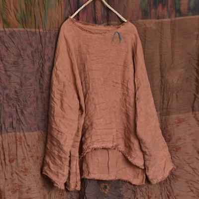 Camisetas Vintage para Mujer Color Sólido Camisetas de Otoño Cuello Redondo Manga Larga Bordado Irregular Camisetas Femeninas