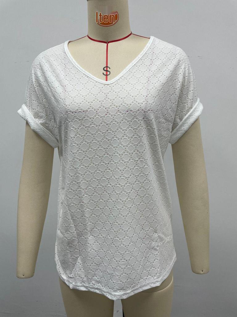 2025 Summer Women's Fashion Jacquard V-neck Short-sleeve Top