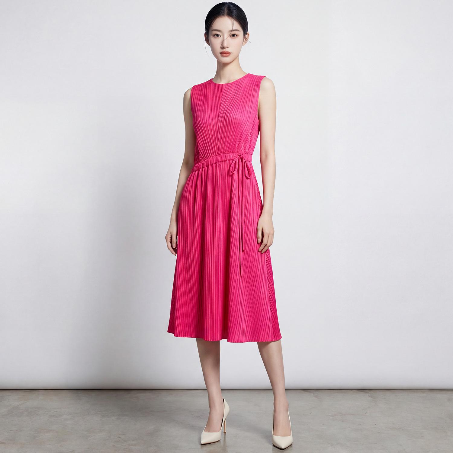 Miyake-Style Sleeveless Drawstring Dress - Slimming, Mid-Length, Age-Defying Fashion for Women. One Size