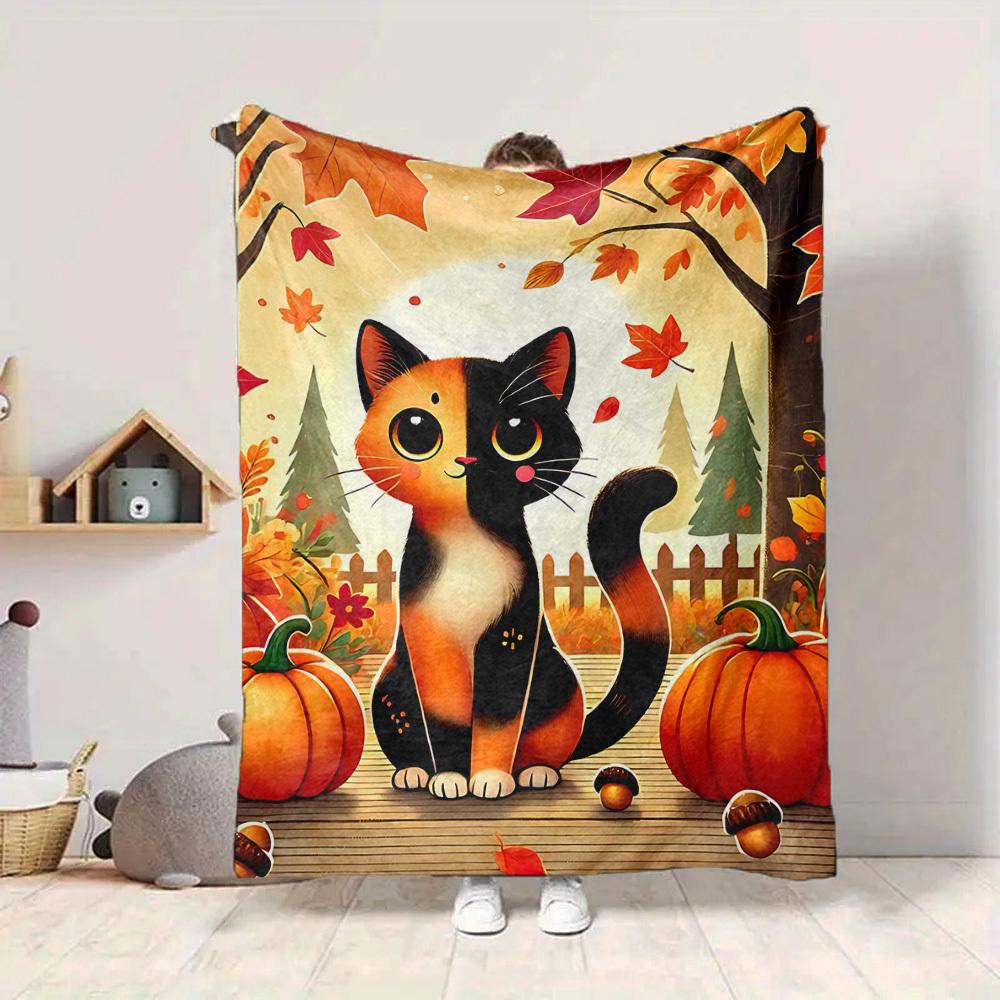 1pc Autumn Cat Print Blanket - Lightweight Flannel Throw Blanket For Sofa, Bed, Living Room, Office, Outdoor Travel, Camping, Soft All-Season103