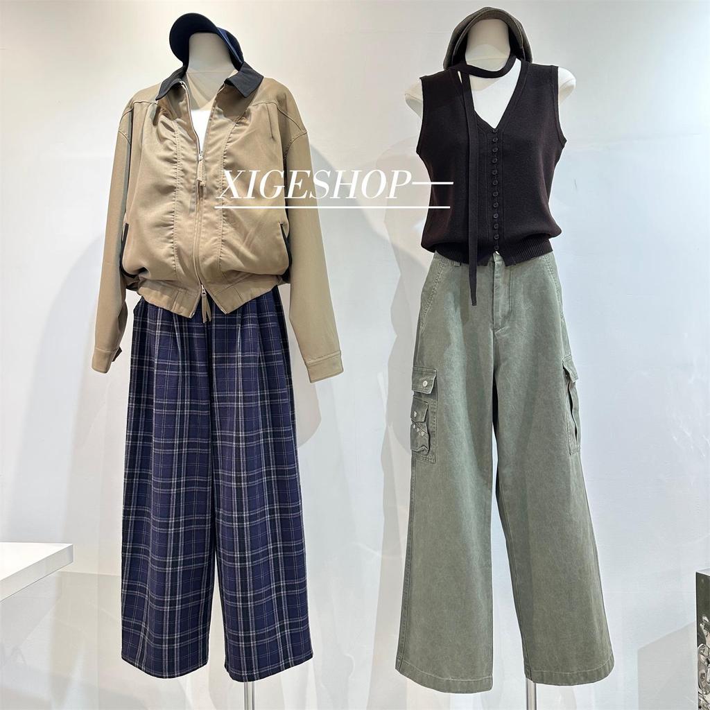 Women's Khaki Cargo Pants: American Street Style, Mid-Low Waist, Loose Fit, Pure Cotton, Stiff, Straight Leg, Autumn Casual Wear