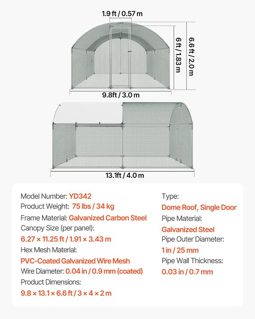 Pollaio in Metallo, 3x4x2 m Grande Gabbia per Galline Walk-in con Copertura, Recinto per Galline con Tetto a Cupola e Serratura di Sicurezza, Gabbia da Esterno per Anatre e Conigli